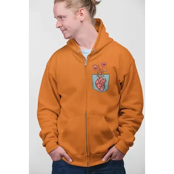 Pánská móda D&B Unisex Mikina s kapucí na zip ZIPPO00015 Srdce Oranžová - Velikost 3XL