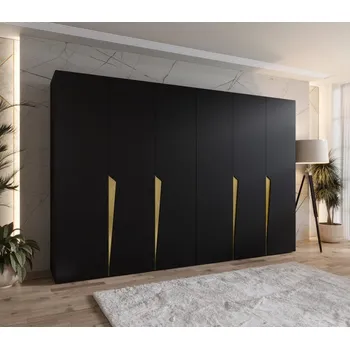 Šatní skříň Šestidveřová šatní skříň 300 cm SORAYA 1 - černá / zlaté úchyty