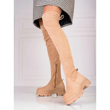 Dámské kozačky Komfortní kozačky dámské béžové na širokém podpatku 36