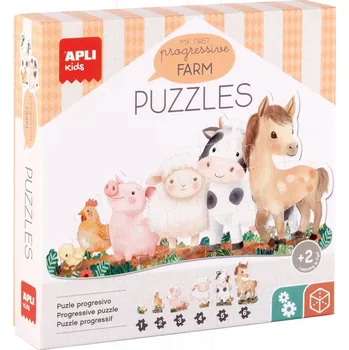 Progresivní puzzle – Farma, 6 zvířátek, 21 dílků, od 2 let APLI, progresivní puzzle, farma, dětské puzzle, 2+, velké dílky, motorika, 33 x 61 cm