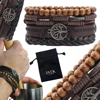 Náramek PÁNSKÝ NÁRAMEK KOŽENÝ S KORÁLKY SADA HNĚDÝ STROMEK ŠTĚSTÍ