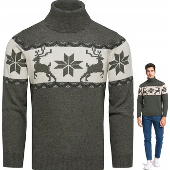 Pánský svetr Pánský vánoční svetr s rolákem, norský vzor, zelený, velikost M (vlněný)