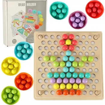 Dřevěná hračka Vzdělávací skládačka IKONKA mozaika s kuličkami a korálky, 77 dílů