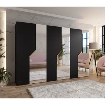 Šatní skříň Široká zrcadlová skříň 300 cm ELIRA 2 - černá / zlaté úchyty