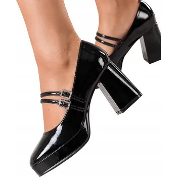 Dámské lodičky Lodičky Mary Jane na blokovém podpatku, lakovaná kůže, kožená stélka, černé, velikost 40