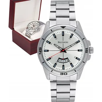 Hodinky Pánské hodinky náramek datumovka velký stříbrný quartz krabička Beltimore