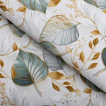 Dekorační látka Leona LN-174 Zelené listy na režném - šířka 140 cm