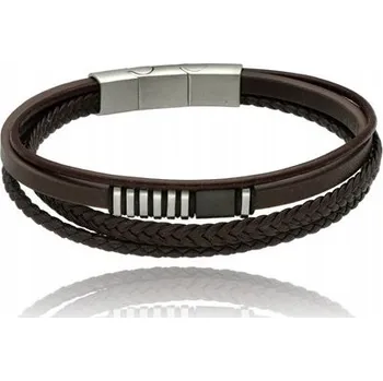 Náramek Pánský náramek z oceli a kůže Yves řemínek hnědý 23 cm JAKO DÁREK