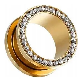 Náušnice Tunel zlaté barvy s bílými zirkony, odšroubovatelný, 6 mm