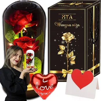 Obraz DÁRKOVÁ SADA PRO MAMINKU, BABIČKU - VĚČNÁ RŮŽE VE SKLE S LED OSVĚTLENÍM K 1.-99. NAROZENINÁM