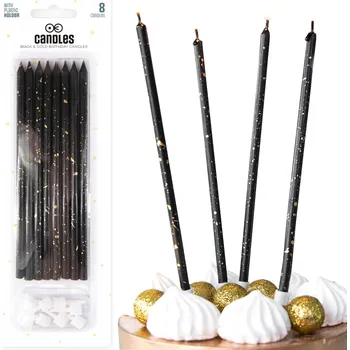 Dortová svíčka ČERNO-ZLATÉ DLOUHÉ SVÍČKY 8ks DEKORAČNÍ NA DORT NAROZENINOVÉ OZDOBNÉ