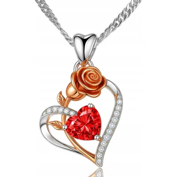 Náhrdelník Stříbrný náhrdelník srdíčko s růží, červené křišťálové srdce STŘÍBRO 925