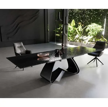 Jídelní stůl DELIFE Jídelní stůl Edge 200-300x100 sklo s reliéfem kouřově černé 3D design podnož ve tvaru W černá rozkládací