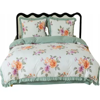 Povlečení Povlečení s volánkem 160x200 oboustranné s květy, mátová barva