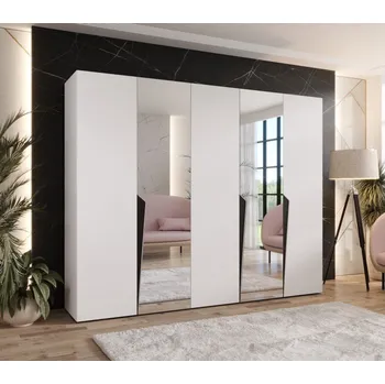 Šatní skříň Široká šatní skříň 250 cm SORAYA 2 se zrcadlem - bílá / černé úchyty