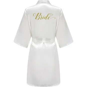 Dámský župan Bílý dámský župan z umělého hedvábí Svatební župan na zavazování s nápisem BRIDE Elegantní lehký župan pro nevěstu na svatební přípravy 3XL