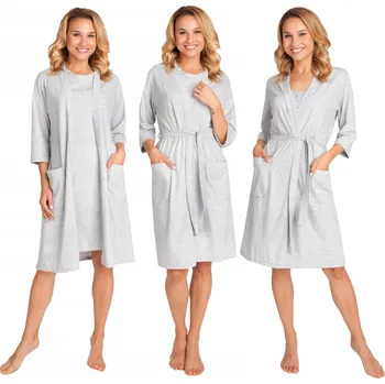 Dámský župan Těhotenský župan bavlněný do porodnice šedý tenký na zavazování S