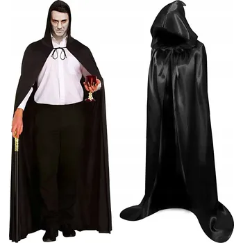 Karnevalový kostým KOSTÝM ČARODĚJE ČERNÝ DLOUHÝ PLÁŠŤ KOSTÝM UPÍR KOUZELNÍK 180 CM