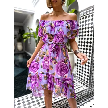 Dámské šaty Fialové letní květinové šaty ROCCO s volánky Velikost: ONESIZE