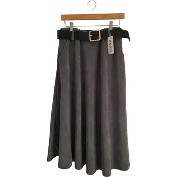 Dámská sukně Sukně manšestrová Margo šedá s páskem – podzimní midi S/M