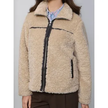 Dámský kabát Sinsay - Sherpa bunda s límcem na zip - béžová - 337HC-08X - 337HC-08X-S