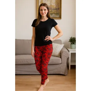 NOVINKA- Dámské dlouhé legíny červené s černými listy