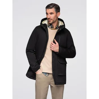 Pánská dlouhá bunda parka s ovčí kůží - černá V4 OM-JAPJ-0316 - L