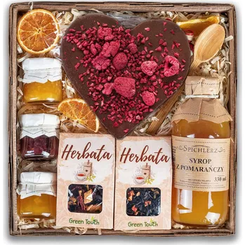 Dárkový potravinový koš Dárkový koš Green Touch s čaji, marmeládami a čokoládou