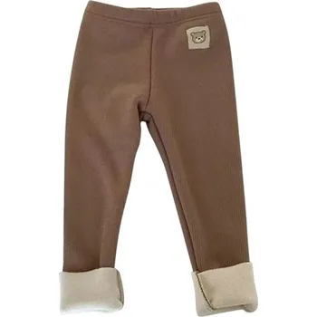 Dětské zimní plyšové kalhoty Unisex Teplé polyesterové kalhoty s elastickým pasem a roztomilým medvídkem na boku Pohodlné zimní oblečení hnědá 9-12 měsíců