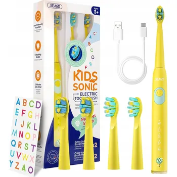 Elektrický zubní kartáček Sonický kartáček Seago žlutý, personalizovaný pro děti, 4 hlavice