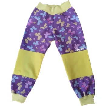 Chlapecké kalhoty Natuty Softshellové kalhoty zateplené - Fialové s pastelovými motýlky a žlutou na kolenou Velikost: 116