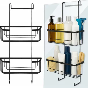 police Závěsná koupelnová police VASERO černá kovová dvoupatrová 59x25x13 cm