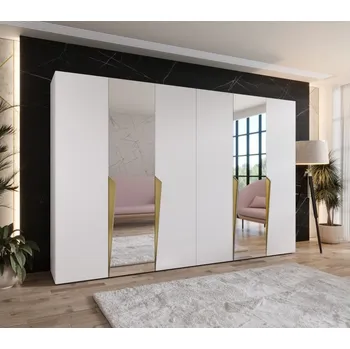 Šatní skříň Zrcadlová šatní skříň 300 cm SORAYA 2 - bílá / zlaté úchyty