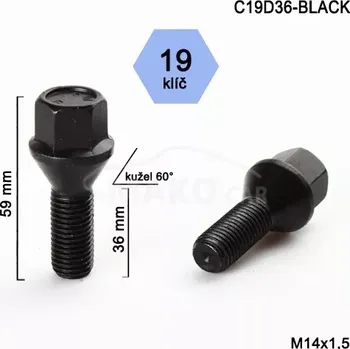 Šroubek na kolo Kolový šroub M14x1,5x36mm, dosedací plocha kužel, klíč 19, černý pozink (Šroub na kola)