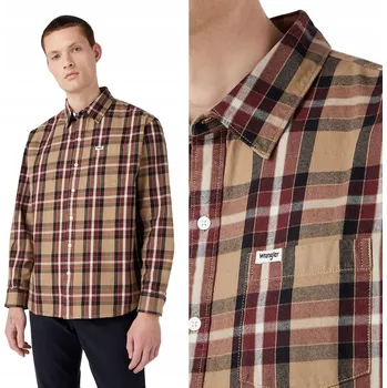Pánské tričko Wrangler 1 POCKET SHIRT Lead Grey BAVLNĚNÁ BÉŽOVÁ KOŠILE S KOSTKAMI XL