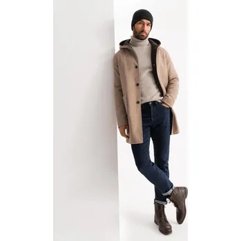 Pánský zimní kabát Pánský melanžový dlouhý kabát s kapucí - béžový V2 OM-COWC-0122 - XL