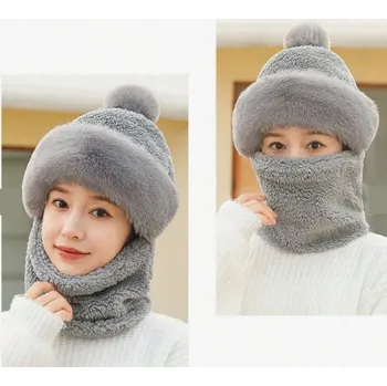 Čepice ZIMNÍ ČEPICE S KOMÍNEM 2V1 DÁMSKÁ MĚKKÁ TEPLÁ PLETENINA KOŽÍŠEK ŠEDÁ