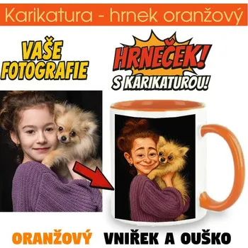 Žertovný předmět Hrnek oranžový - karikatura - potisk pouze jedné strany s karikaturou