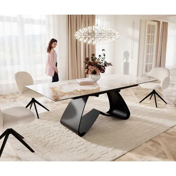 Jídelní stůl DELIFE Jídelní stůl Edge 180-220x100 keramika Minas Melange bílá béžová W-podnož černá rozkládací