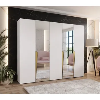 Šatní skříň Široká šatní skříň 250 cm SORAYA 2 se zrcadlem - bílá / zlaté úchyty