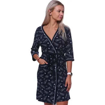 Dámský župan Tmavě modrý a šedý lehký župan do porodnice na kojení hello a srdíčka 1G0580 modrá m