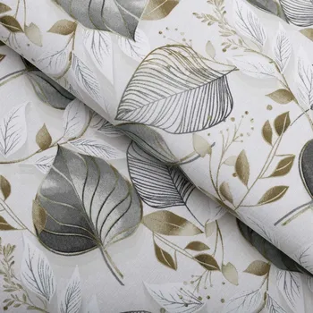 Dekorační látka Leona LN-173 Šedé listy na režném - šířka 140 cm