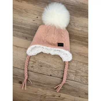 Čepice Natuty Ušanka s bambulí a beránkem - pudrově růžové copánky Velikost: 43-47