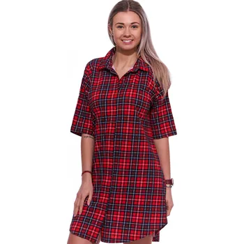 Dámské noční prádlo Červená a modře károvaná celopropínací noční košile s límečkem pro ženy 1C3880 červená l
