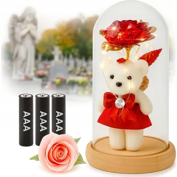 Svíčka HŘBITOVNÍ SVÍČKA RŮŽE S MEDVÍDKEM VE SKLE SVÍTÍ JAKO HŘBITOVNÍ SVÍČKA PRO VNUČKU, DCERU