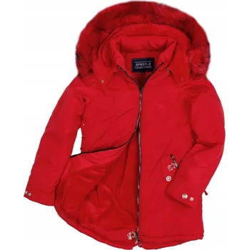 Dívčí oblečení Zimní bunda s kožešinou, teplý kabát, červená, velikost 164