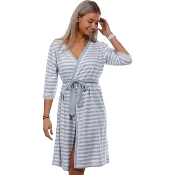 Dámský župan Šedý pruhovaný lehký dámský župan lemovaný krajkou 1G0530 šedá xl