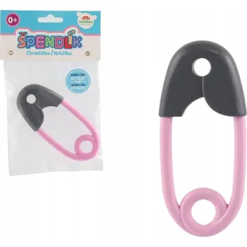 Chrastítko špendlík plast 12cm šedorůžové 12x19cm v sáčku 0m+