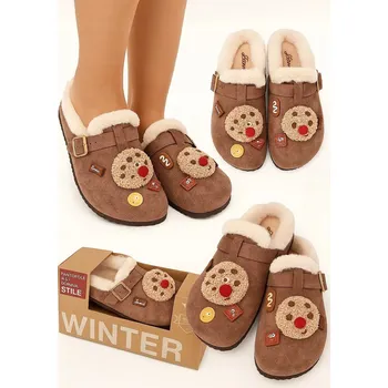 Dámské pantofle PANTOFLE S OZDOBAMI ZATEPLENÉ KOŽEŠINOU, HNĚDÉ, VELIKOST 39