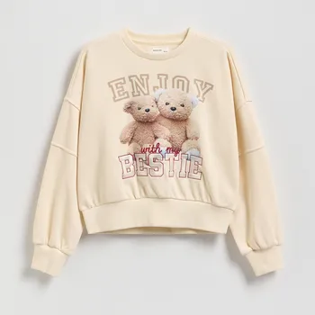 Dívčí mikina Reserved - Bavlněná mikina s potiskem a postranními pruhy - tělová - 252FA-02X - 252FA-02X-122